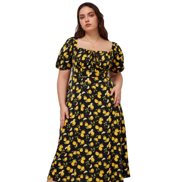 Cider Lemon Split Cottage Milkmaid Prairie Knotted Shirred Smocked Midi Dress 1X - Picture 5 of 12